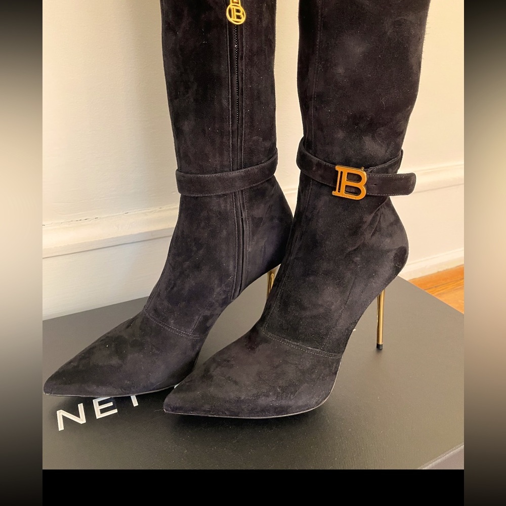 Balmain Knit Buckle Over-The-Knee Stiletto Boots